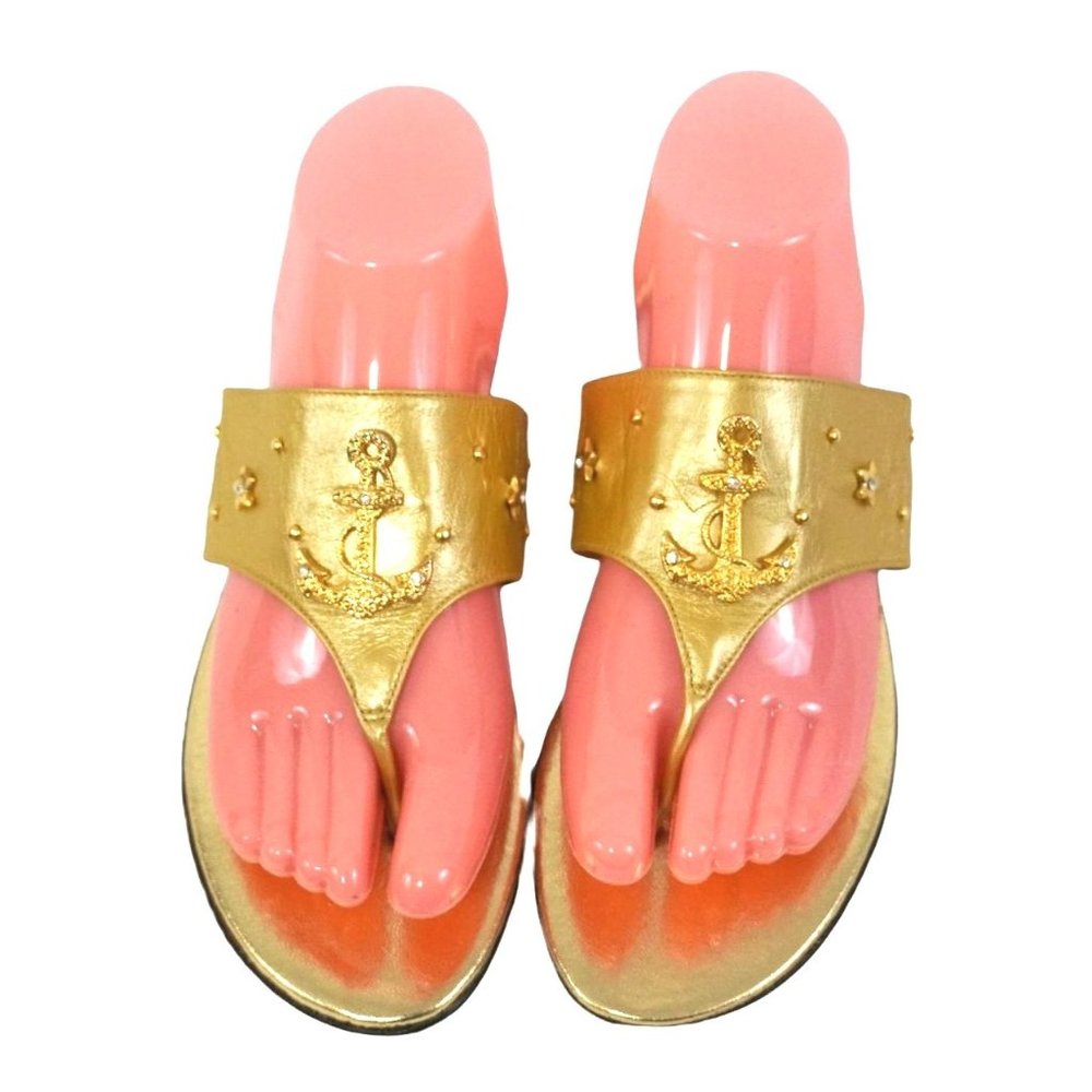 Vintage‎ Timothy Hitsman Sandals Womens Size 9.5 Gold Nautical Anchor Crystal